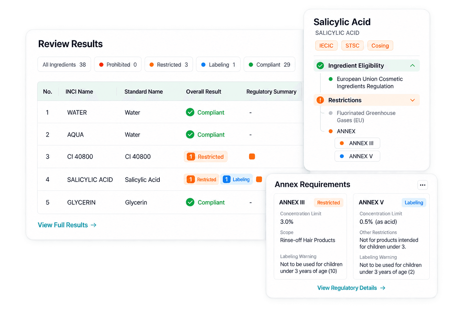 RegWise interface showing EU formula review results, ingredient status, and regulatory details